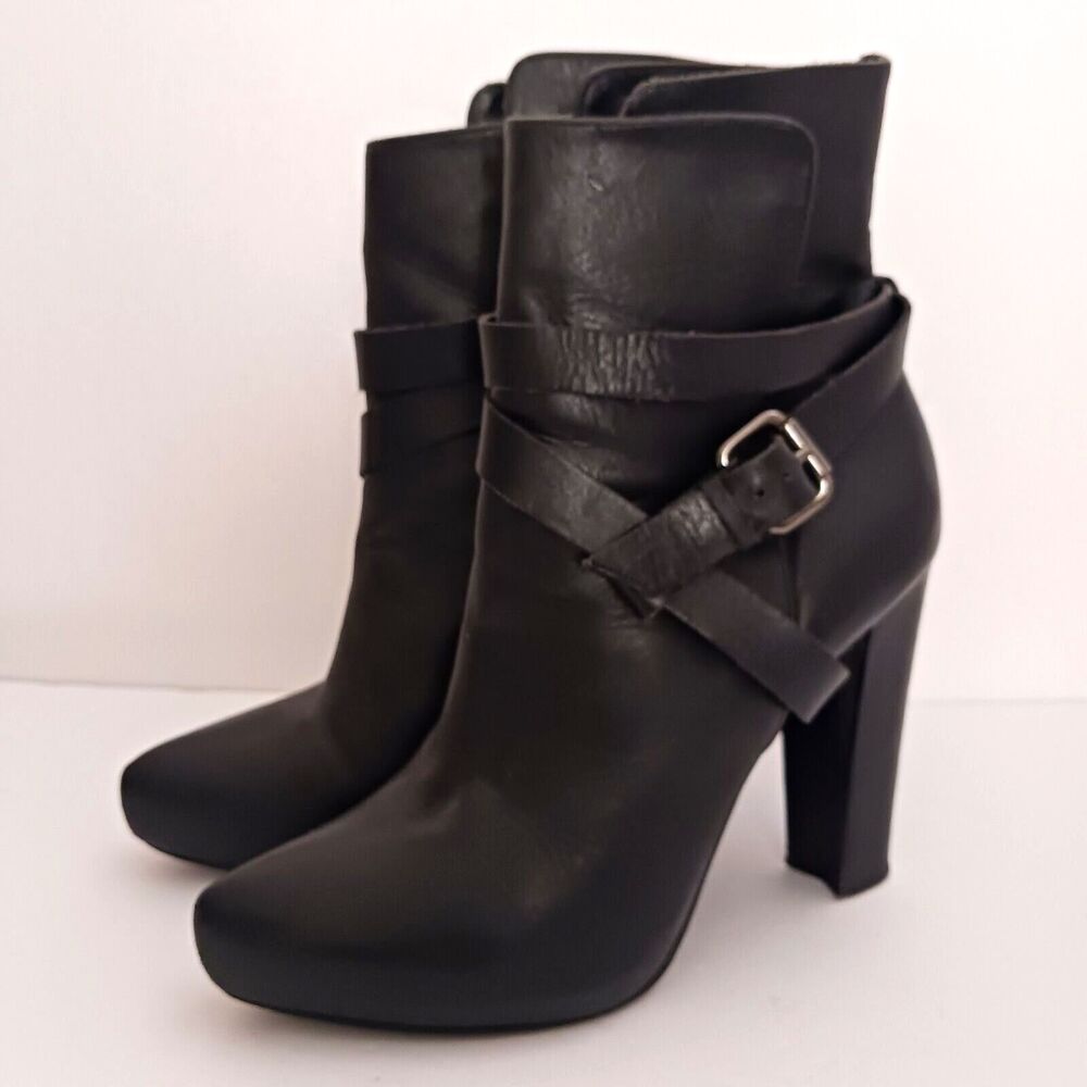 Animale Brazil Blk Leather Platform Moto Boot Harness Strap High Block Heel  37N